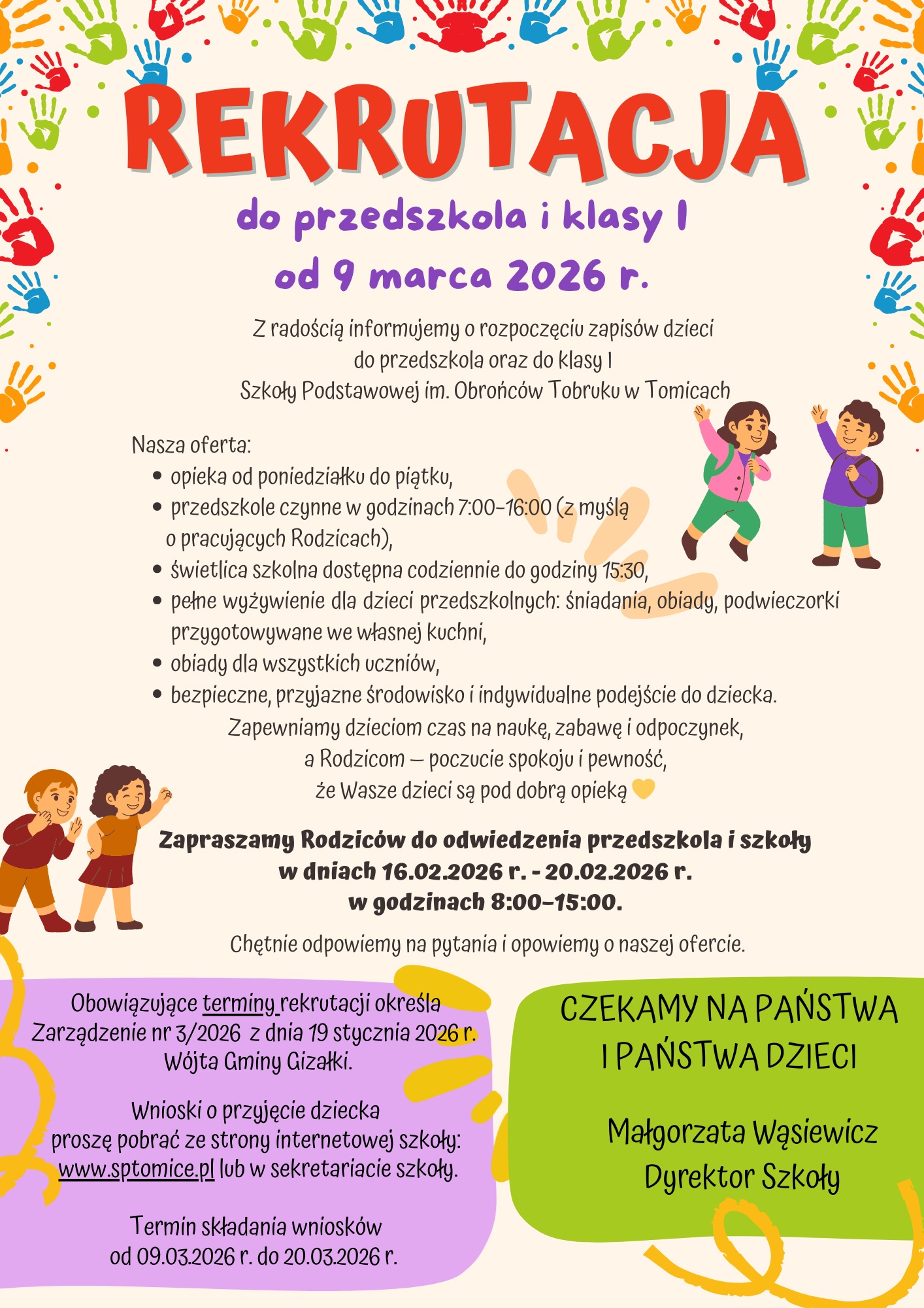 Plakat rekrutacji do przedszkola i klasy I